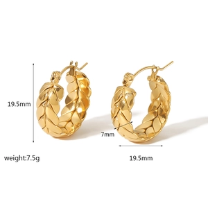 Detail showing 19.5mm diameter gold wheat texture hoop earrings with size dimensions