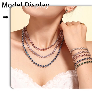 Model display of layered colorful zircon tennis necklaces and bracelets with 18K gold plating