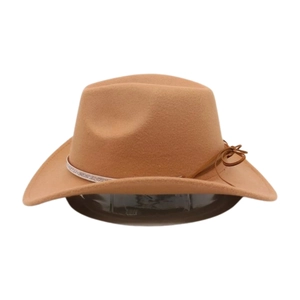 Detail of wool felt cowboy hat featuring a sparkling rhinestone band and leather cord strap