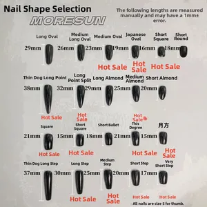 Press-on nails size chart showing various shapes and lengths from 15mm to 38mm