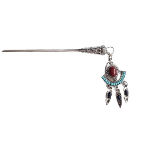 Ethnic Miao silver tassel hair stick with vintage red and blue beads for Hanfu styling