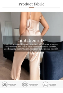 Detail view of champagne gold satin pajama set showing back fit and drape quality