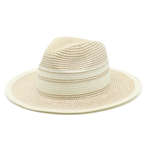 Classic beige straw Panama hat with wide brim and woven texture for summer beach sun protection