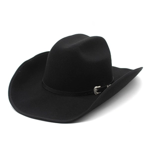 Detail of black wool felt cowboy hat featuring silver engraved buckle and curved wide brim