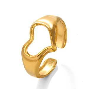 Minimalist adjustable heart-shaped gold open ring made of polished stainless steel