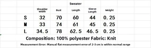 Detailed size chart for striped knit sweater with shoulder, chest and length measurements