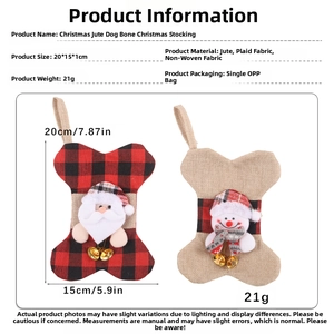 Detailed view of dog bone Christmas stockings featuring plaid fabric and burlap texture