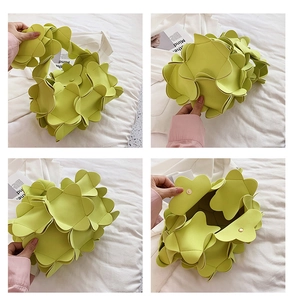 Detailed views of light green petal-shaped handbag with magnetic closure and PU leather texture