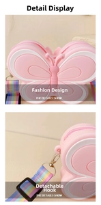 Détail de sac papillon en silicone rose avec bandoulière arc-en-ciel et attaches métal