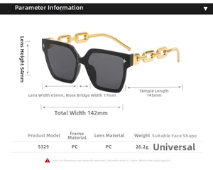 Size chart for hip-hop square sunglasses with dimensions and gold chain temple details