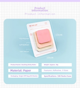 Detailed view of three-size pastel sticky notes set with specifications and to-do list
