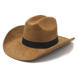 Classic vintage camel tan suede cowboy hat with black decorative band on white background