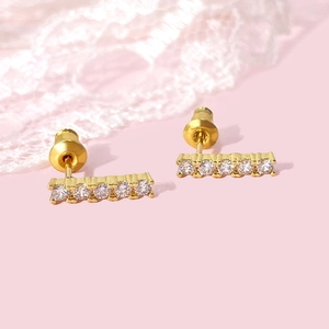 Minimalist Bar Stud Earrings Brass Gold Plated AAA Cubic Zirconia Row Geometric Elegant Jewelry For Women