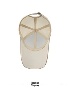 Detailed interior view of a beige breathable mesh baseball cap with reinforced stitching