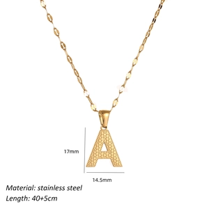 Detail showing dimensions of gold letter A pendant necklace with honeycomb pattern