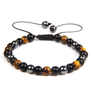 Handmade woven bracelet with natural tiger eye and hematite stones for men