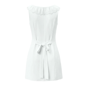 Elegant white summer dress back view with lace collar and bow waist tie detail