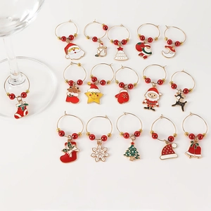 Set of 16 Christmas wine glass charms with alloy holiday patterns and red beads