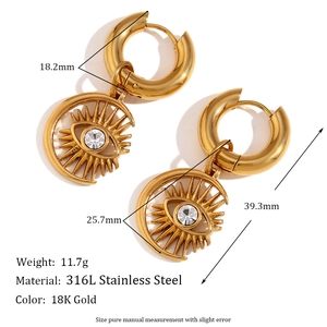 Retro stainless steel 18K gold earrings set with moon eye pendants and rhinestones