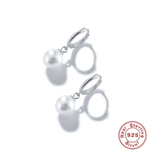 Close-up of Real Sterling 925 Silver hoop earrings with white round pearl pendants