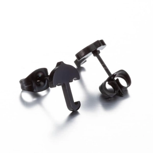 Close-up of matte black umbrella stud earrings made of stainless steel with ear plugs