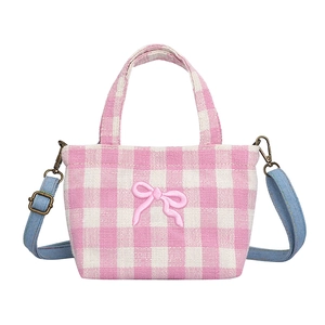 Kids plaid canvas crossbody bag with pink bow embroidery and denim shoulder strap