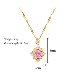 Detail view of pink oval crystal necklace with size and weight specs for gold pendant