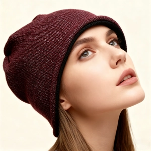 Winter reflective knit beanie with fleece lining in deep wine red and black contrast