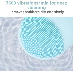 Macro detail of blue silicone facial brush with 7500 vibrations per minute for deep cleaning