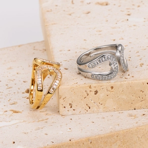 Luxurious streamline open rings in gold and silver finish with pavé set crystals