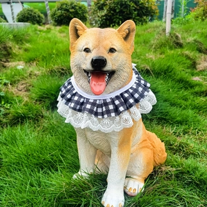 Lifelike resin Shiba Inu garden statue with black and white plaid lace collar decor