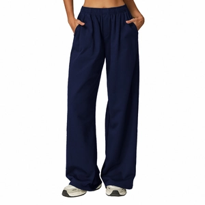 Women high waisted wide leg sports trousers in navy blue with elastic waistband