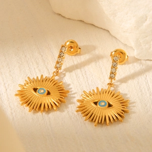 Evil Eye Sunburst Dangle Earrings 18K Gold Plated Stainless Steel Rhinestone Enamel Drip Oil Ins Style For Women