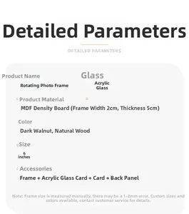 Detailed specifications of rotating 6 inch MDF wood photo frame with plexiglass material