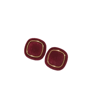Retro wine red velvet square earrings with elegant gold metallic frame on white background