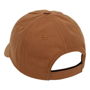 Rear view of brown cotton baseball cap with adjustable strap and breathable eyelets