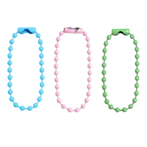 Detailed close-up of blue, pink, and green bead chains with secure metal clasps for DIY