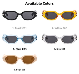 Detailed catalog showing five colors of slim oval sunglasses with metal temple accents