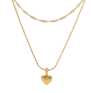 Collier double épaisseur en acier inoxydable plaqué or 18 carats avec pendentif cœur