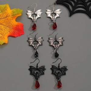 Three pairs of gothic bat earrings with teardrop crystals for Halloween accessories