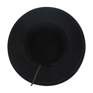 Top down interior view of the black wide brim jazz hat showing the felt texture and cord