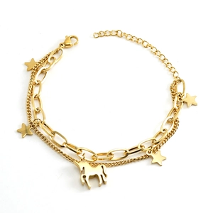 Bracelet double couche en acier inoxydable plaqué or 18k avec pendentifs licorne et étoile