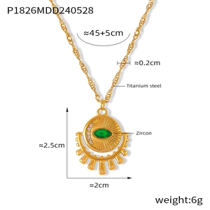 Macro view of titanium steel necklace pendant with green zircon and detailed dimensions