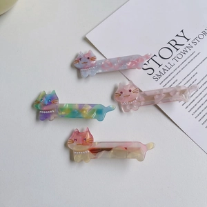 Cute acetate cat hair clips with pearls and rhinestones in four colorful marble patterns