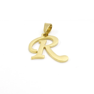 Macro view of 30mm gold-plated stainless steel letter R pendant with polished texture