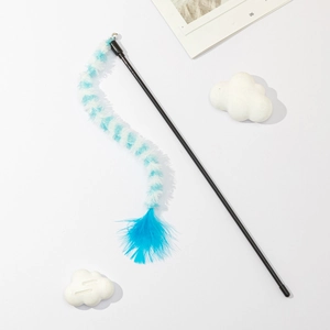 Detail of cat wand toy featuring blue feathers, bell, and plush tail on white background