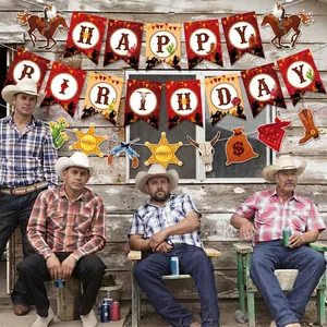 Western Cowboy Happy Birthday party decoration set with rustic banner and paper cutouts