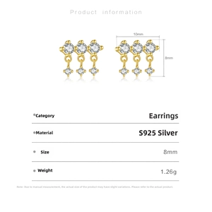 Detailed specs of S925 sterling silver gold earrings with zircon fringe, weight 1.26g