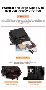 Detail view of large PU leather backpack with interior pockets and A4 storage capacity