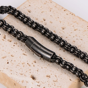 Minimalist black stainless steel square pearl necklace with a braided chain design